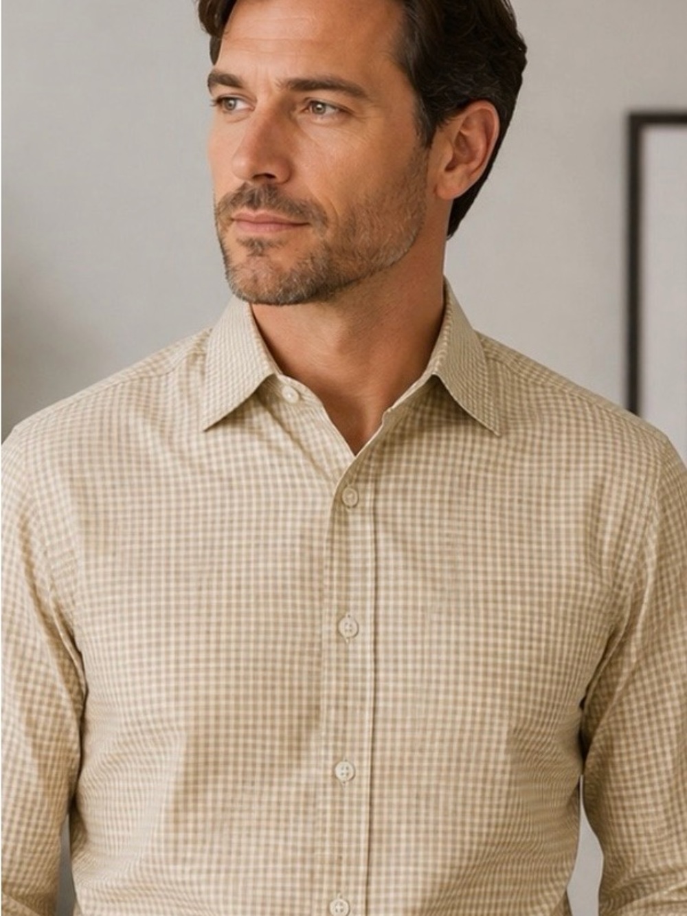 Club Room Men’s Khaki and White Gingham Dress Shirt